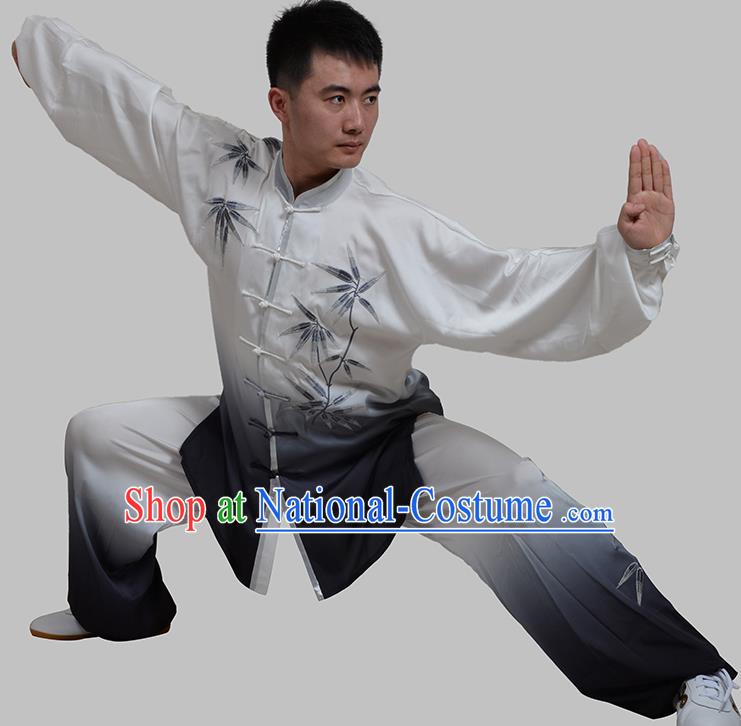 Top Grade China Martial Arts Costume Kung Fu Taichi Gradient Training Embroidery Bamboo Clothing, Chinese Tai Ji Black Uniform Gongfu Wushu Costume for Men