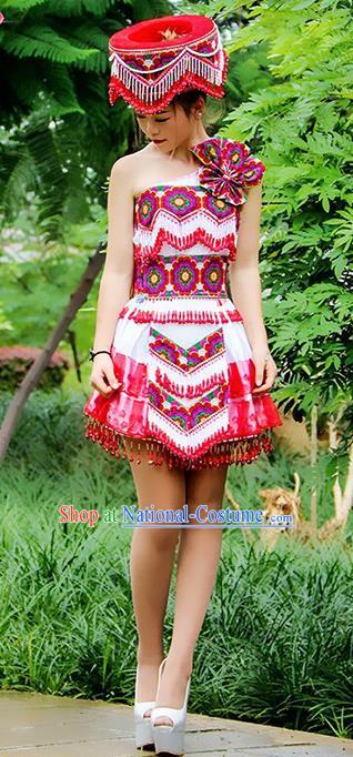 Traditional Chinese Miao Nationality Dance Costume, Hmong Female Folk Dance Ethnic Short Pleated Skirt, Chinese Minority Nationality Embroidery Costume for Women