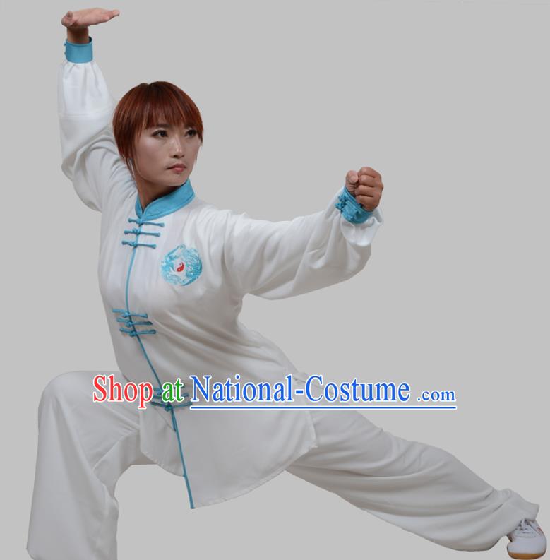 Top Grade China Martial Arts Costume Kung Fu Training Blue Plated Buttons Clothing, Chinese Embroidery Tai Ji White Uniform Gongfu Wushu Costume for Women for Men