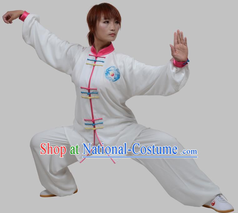 Top Grade China Martial Arts Costume Kung Fu Training Pink Plated Buttons Clothing, Chinese Embroidery Tai Ji White Uniform Gongfu Wushu Costume for Women for Men