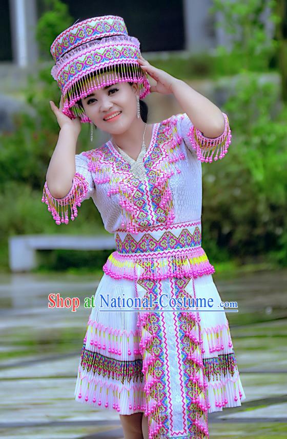 Traditional Chinese Miao Nationality Wedding Costume and Hat, Hmong Young Lady Folk Dance Ethnic Blue Pleated Skirt, Chinese Minority Nationality Embroidery Clothing for Women