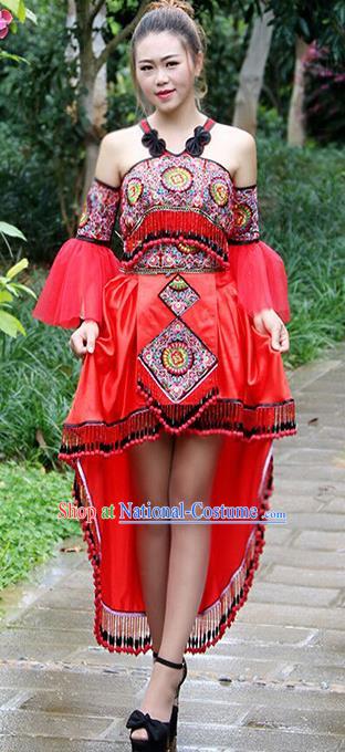 Traditional Chinese Miao Nationality Wedding Costume, Hmong Female Folk Dance Ethnic Red Dress, Chinese Minority Nationality Embroidery Clothing for Women