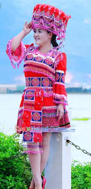 Traditional Chinese Miao Nationality Wedding Costume, Hmong Young Lady Folk Dance Ethnic Red Pleated Dress, Chinese Minority Nationality Embroidery Clothing for Women