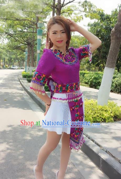 Traditional Chinese Miao Nationality Costume, Hmong Folk Dance Ethnic Purple Tassel Short Pleated Skirt, Chinese Minority Nationality Embroidery Clothing for Women