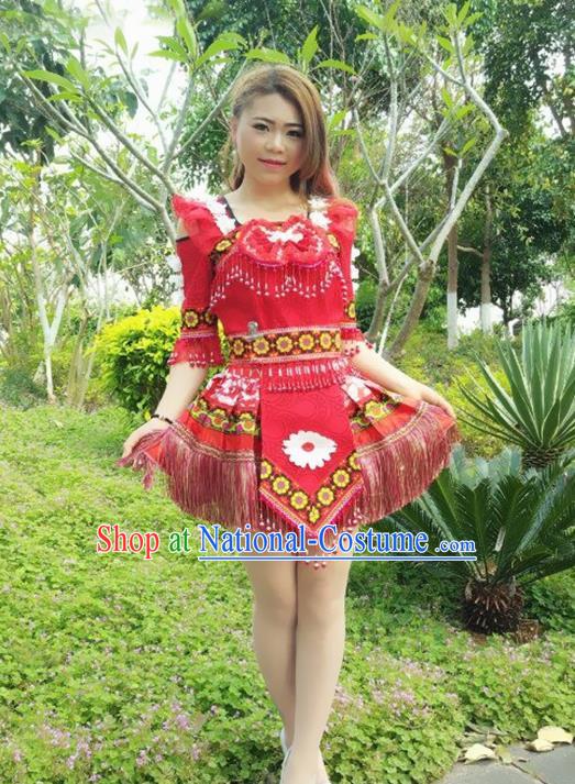 Traditional Chinese Miao Nationality Wedding Costume, Hmong Folk Dance Ethnic Red Tassel Short Pleated Skirt, Chinese Minority Nationality Embroidery Clothing for Women