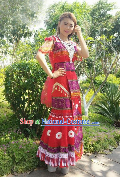 Traditional Chinese Miao Nationality Wedding Costume, Hmong Folk Dance Ethnic Tassel Long Red Pleated Skirt, Chinese Minority Nationality Embroidery Clothing for Women