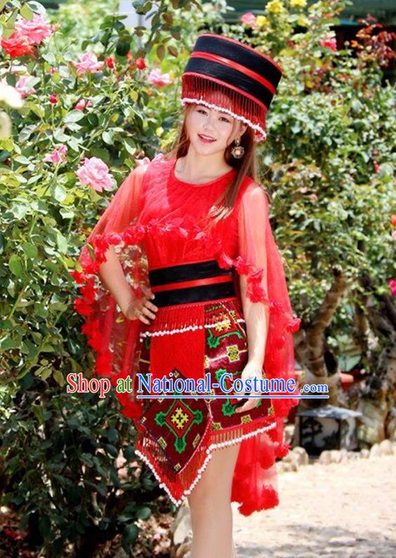 Traditional Chinese Miao Nationality Wedding Bride Costume, Hmong Folk Dance Ethnic Red Pleated Skirt, Chinese Minority Nationality Embroidery Clothing for Women