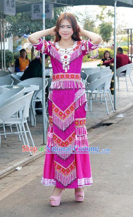 Traditional Chinese Miao Nationality Wedding Bride Costume Rosy Tassel Long Pleated Skirt, Hmong Folk Dance Ethnic Chinese Minority Nationality Embroidery Clothing for Women