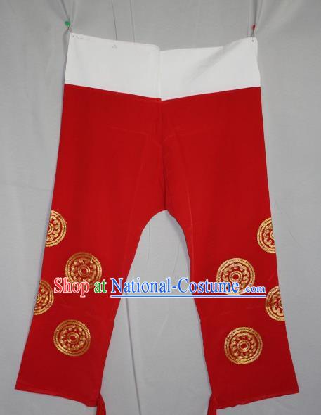 Traditional China Beijing Opera Takefu Costume Red Pants, Ancient Chinese Peking Opera Wu-Sheng Warrior Embroidery Trousers Clothing