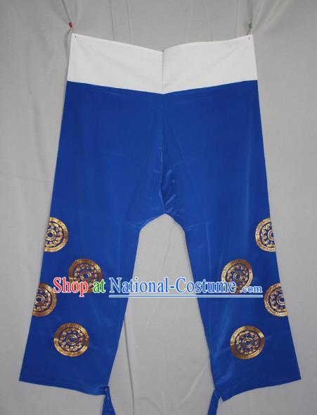 Traditional China Beijing Opera Takefu Costume Blue Pants, Ancient Chinese Peking Opera Wu-Sheng Warrior Embroidery Trousers Clothing