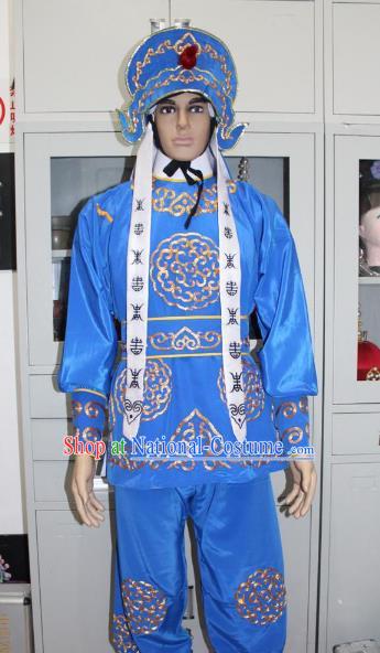 Traditional China Beijing Opera Takefu General Costume, Ancient Chinese Peking Opera Wu-Sheng Warrior Embroidery Blue Clothing