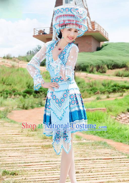 Traditional Chinese Miao Nationality Wedding Veil Costume Embroidered Blue Short Dress and Hat, Hmong Folk Dance Ethnic Chinese Minority Nationality Embroidery Clothing for Women