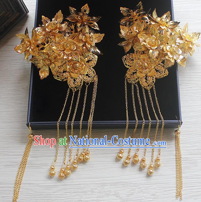 Traditional Handmade Chinese Ancient Classical Hair Accessories Barrettes Xiuhe Suit Hairpin, Flowers Long Tassel Step Shake, Hanfu Hair Fascinators for Women