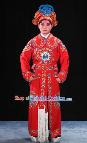 Traditional China Beijing Opera Takefu General Red Costume and Boots, Ancient Chinese Peking Opera Wu-Sheng Warrior Embroidery Yellow Clothing