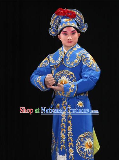 Traditional China Beijing Opera Takefu General Blue Costume and Boots, Ancient Chinese Peking Opera Wu-Sheng Warrior Embroidery Yellow Clothing