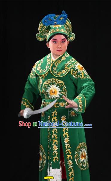 Traditional China Beijing Opera Takefu General Green Costume and Boots, Ancient Chinese Peking Opera Wu-Sheng Warrior Embroidery Yellow Clothing