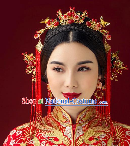 Traditional Handmade Chinese Ancient Classical Hair Accessories Barrettes Xiuhe Suit Red Phoenix Coronet Complete Set, Tassel Step Shake Hanfu Hair Fascinators for Women