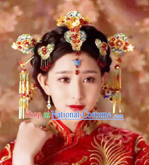 Traditional Handmade Chinese Ancient Classical Hair Accessories Barrettes Xiuhe Suit Cloisonne Phoenix Coronet Complete Set, Tassel Step Shake Hanfu Hair Fascinators for Women