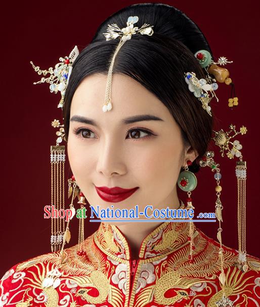 Traditional Handmade Chinese Ancient Classical Hair Accessories Barrettes Xiuhe Suit Jade Hairpins Complete Set, Tassel Step Shake Hanfu Hair Fascinators for Women