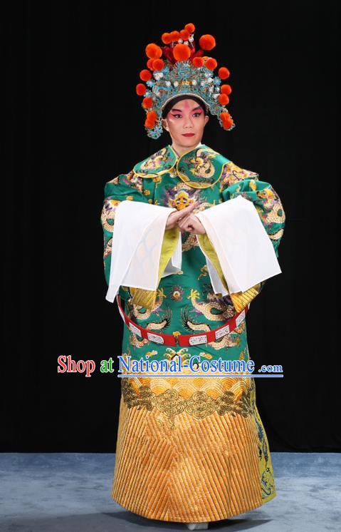 Top Grade Professional Beijing Opera Emperor Costume General Green Embroidered Robe and Belts, Traditional Ancient Chinese Peking Opera Royal Highness Embroidery Dragons Clothing