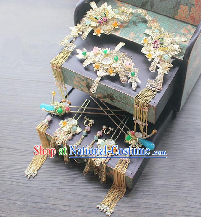 Traditional Handmade Chinese Ancient Classical Hair Accessories Barrettes Xiuhe Suit Phoenix Coronet Complete Set, Long Tassel Step Shake, Hanfu Hairpins Hair Fascinators for Women