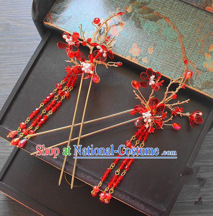 Traditional Handmade Chinese Ancient Classical Hair Accessories Barrettes Xiuhe Suit Red Beads Hair Stick, Long Tassel Step Shake, Hanfu Hairpins Hair Fascinators for Women