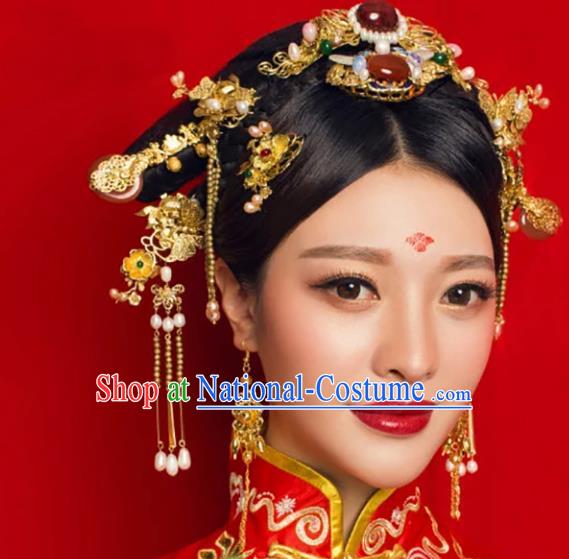 Chinese Ancient Style Hair Jewelry Accessories Xiuhe Suit Hairpins Headwear Headdress Bride Hair Fascinators for Women