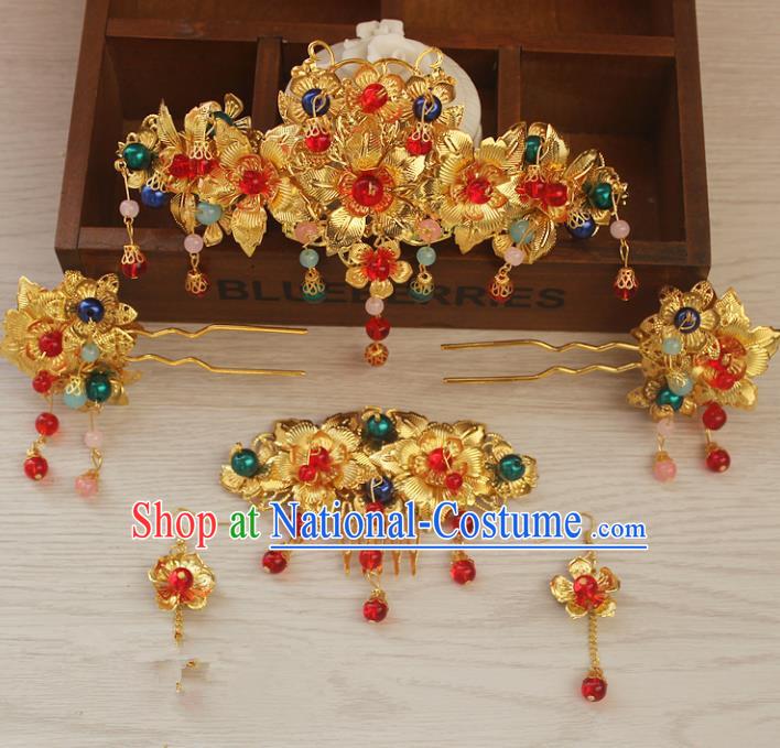 Traditional Handmade Chinese Ancient Classical Hair Accessories Barrettes Xiuhe Suit Hair Comb Complete Set, Long Tassel Step Shake, Hanfu Hairpins Hair Fascinators for Women