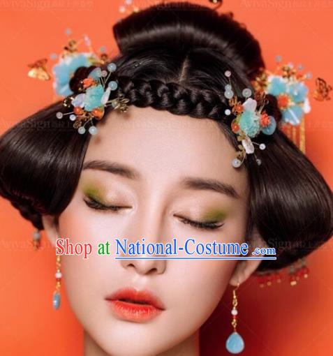 Traditional Handmade Chinese Ancient Classical Hair Accessories Barrettes Xiuhe Suit Blue Flowers Hair Comb Complete Set, Long Tassel Step Shake, Hanfu Hairpins Hair Fascinators for Women