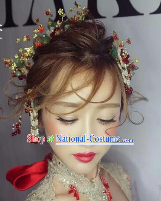 Traditional Handmade Chinese Ancient Classical Hair Accessories Barrettes Xiuhe Suit Flowers Hair Comb Complete Set, Long Tassel Step Shake, Hanfu Hairpins Hair Fascinators for Women