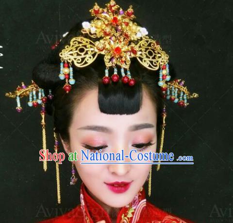 Traditional Handmade Chinese Ancient Classical Hair Accessories Barrettes Xiuhe Suit Long Tassel Step Shake Complete Set, Hanfu Hairpins Hair Fascinators for Women