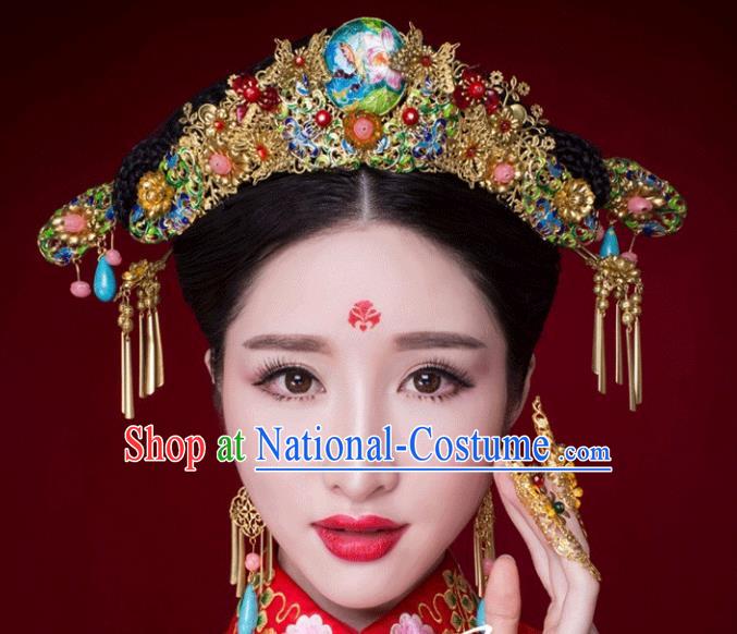 Traditional Handmade Chinese Ancient Classical Hair Accessories Barrettes Xiuhe Suit Cloisonne Phoenix Coronet Complete Set, Hanfu Hairpins Hair Fascinators for Women