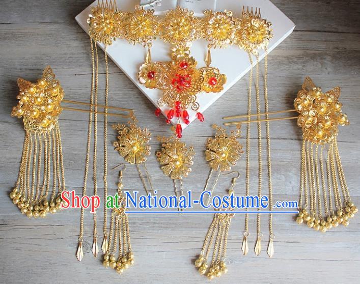 Traditional Handmade Chinese Ancient Classical Hair Accessories Barrettes Xiuhe Suit Golden Phoenix Coronet Complete Set, Hanfu Hairpins Hair Fascinators for Women