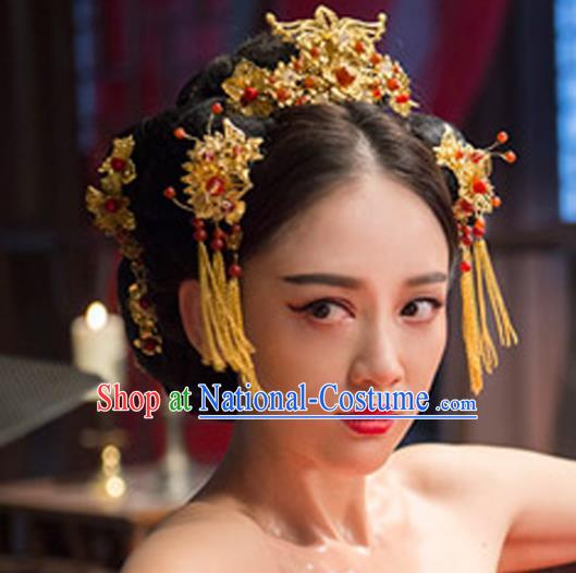 Traditional Handmade Chinese Ancient Classical Hair Accessories Barrettes Xiuhe Suit Golden Tassel Step Shake Phoenix Coronet, Hanfu Hairpins Hair Fascinators for Women