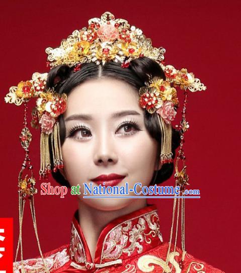 Traditional Handmade Chinese Ancient Classical Hair Accessories Barrettes Xiuhe Suit Phoenix Coronet Complete Set, Hanfu Hairpins Hair Fascinators for Women