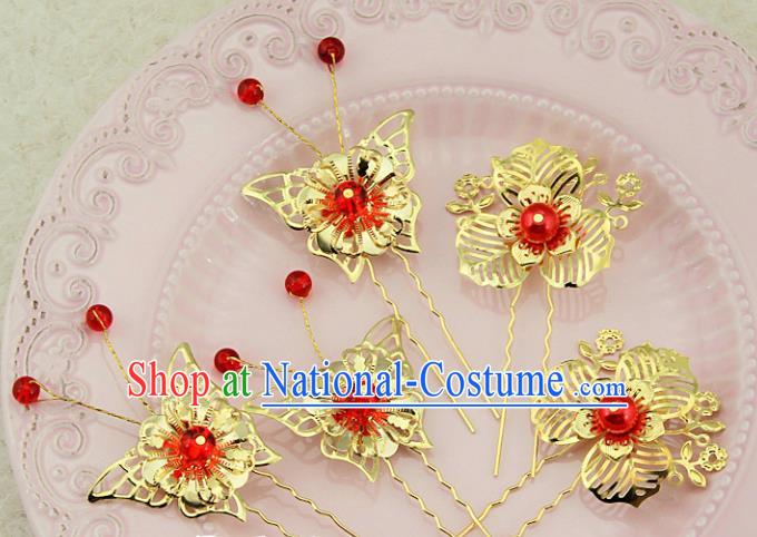 Traditional Handmade Chinese Ancient Classical Hair Accessories Barrettes Xiuhe Suit Cheongsam Golden Flowers Hair Stick, Hanfu Hairpins Hair Fascinators for Women