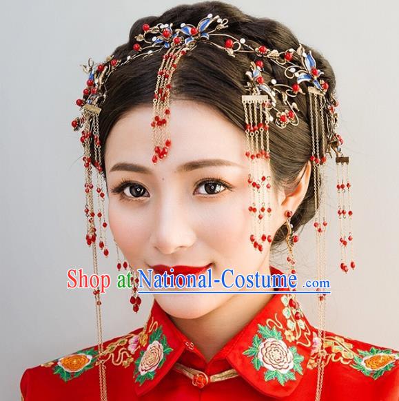 Traditional Handmade Chinese Ancient Classical Hair Accessories Barrettes Xiuhe Suit Cheongsam Blueing Tassel Hair Clasp Complete Set, Hanfu Hairpins Hair Fascinators for Women