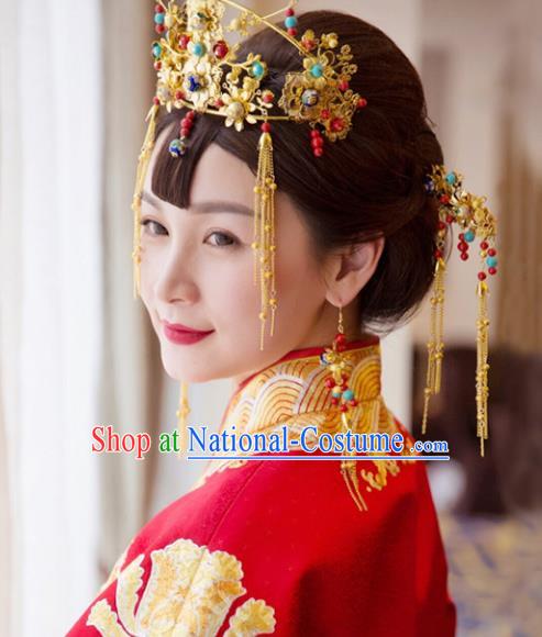 Traditional Handmade Chinese Ancient Classical Hair Accessories Xiuhe Suit Cheongsam Tassel Phoenix Coronet Complete Set, Hanfu Hairpins Hair Fascinators for Women