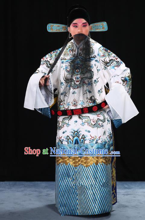 Top Grade Professional Beijing Opera Emperor Costume General White Embroidered Robe and Belts, Traditional Ancient Chinese Peking Opera Royal Highness Embroidery Dragons Clothing