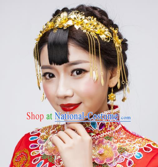 Traditional Handmade Chinese Ancient Classical Hair Accessories Barrettes Golden Phoenix Coronet Complete Set, Hanfu Hair Fascinators for Women