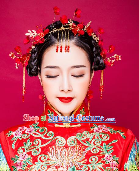 Traditional Handmade Chinese Ancient Classical Hair Accessories Xiuhe Suit Cheongsam Red Flowers Hair Clasp, Hanfu Hairpins Hair Fascinators for Women