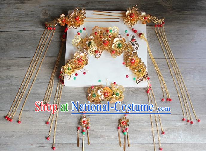 Traditional Handmade Chinese Ancient Classical Hair Accessories Xiuhe Suit Cheongsam Golden Butterfly Phoenix Coronet, Hanfu Hairpins Hair Fascinators for Women