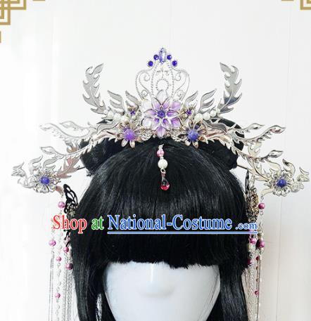 Traditional Handmade Chinese Ancient Classical Wedding Hair Accessories Bride Purple Phoenix Coronet Complete Set, Hanfu Hair Jewellery Hair Fascinators for Women