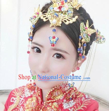 Traditional Handmade Chinese Ancient Classical Hair Accessories Xiuhe Suit Cheongsam Cloisonne Butterfly Phoenix Coronet, Hanfu Hairpins Hair Fascinators for Women