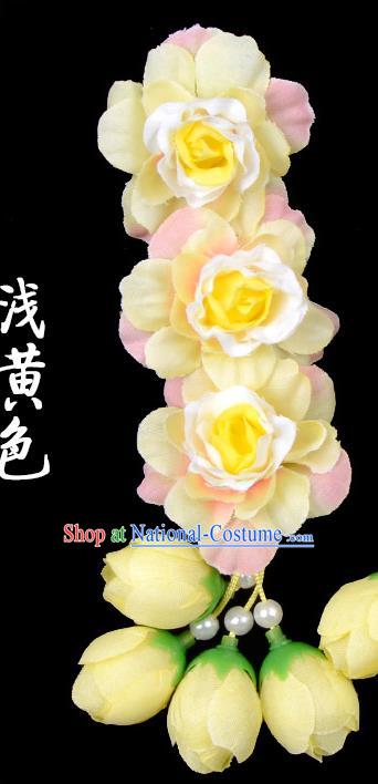 Traditional Beijing Opera Diva Red Hair Accessories Yellow Flowers Temples Hairpin, Ancient Chinese Peking Opera Tassel Step Shake Hua Tan Hairpins Headwear