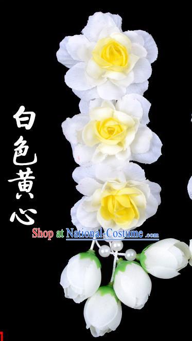 Traditional Beijing Opera Diva Red Hair Accessories White Flowers Temples Hairpin, Ancient Chinese Peking Opera Tassel Step Shake Hua Tan Hairpins Headwear