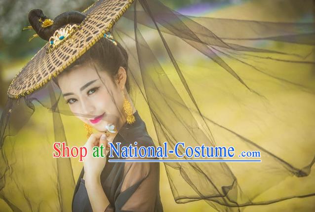 Traditional Handmade Chinese Ancient Swordswoman Black Veil Hat Accessories, China Hanfu Chivalrous Women Bamboo Hat