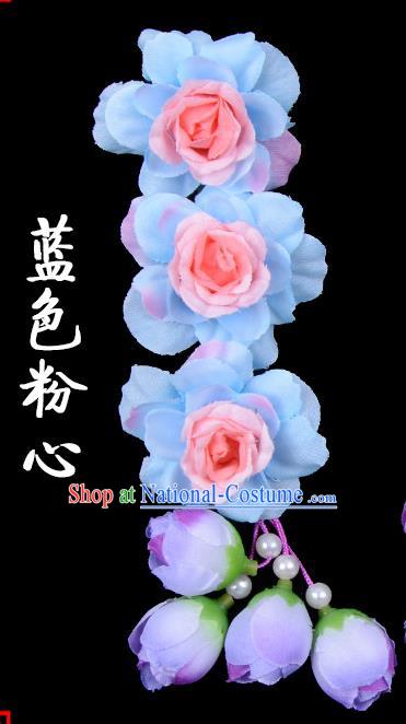 Traditional Beijing Opera Diva Red Hair Accessories Light Blue Flowers Temples Hairpin, Ancient Chinese Peking Opera Tassel Step Shake Hua Tan Hairpins Headwear