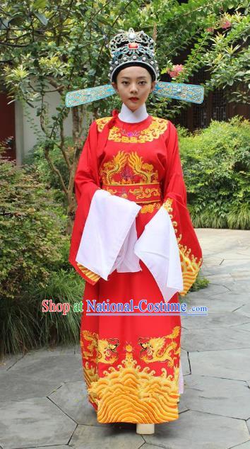 Top Grade Professional Beijing Opera Niche Costume Lang Scholar Red Embroidered Robe and Hat, Traditional Ancient Chinese Peking Opera Officer Embroidery Gwanbok Clothing