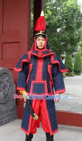 Traditional China Beijing Opera Qing Dynasty General Costume Helmet and Armour, Ancient Chinese Peking Opera Manchu Imperial Bodyguard Warrior Black Clothing